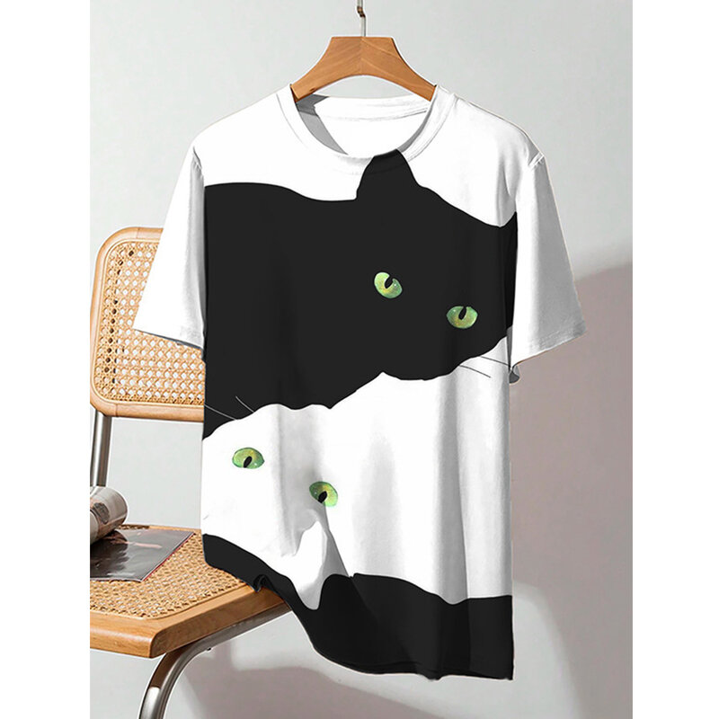 Gato verde preto e branco feminino estampa t-shirt, blusa casual de manga curta Harajuku, roupas plus size, design de nicho