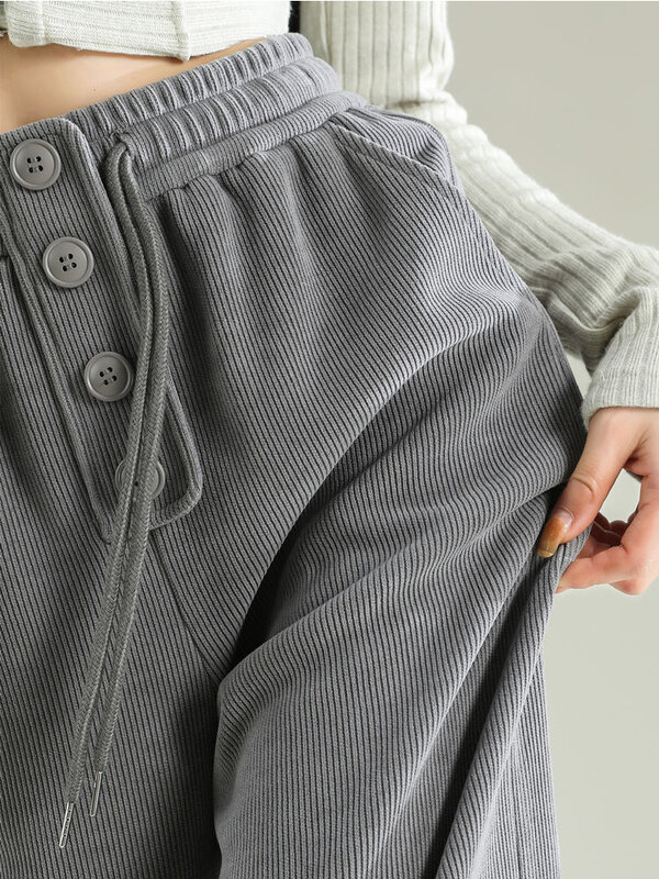 Pantalon taille haute avec cordon de serrage pour femme, boutons simples, couleur unie, taille élastique, polaire droite, collection automne