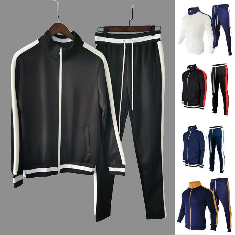 長袖ジッパー巾着トラックスーツセット、暖かいスポーツウェアスーツ、スタンドカラー、パッチワーク衣装、2個