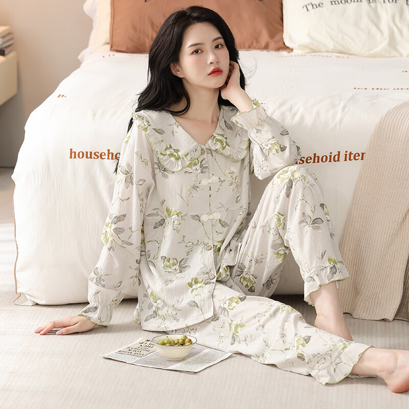 Spring Autumn Sleepwear Floral Princess Style Doll Collar Long Sleeves Cotton Home Clothes Loose Casual Chic Women Sweet Pajamas
