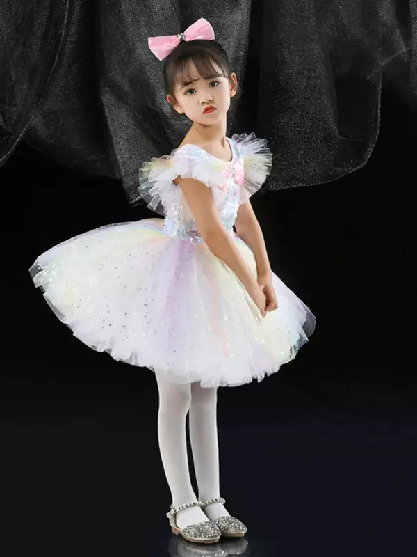 Gaun putri payet anak gaun Tutu tari Modern lucu merah muda pakaian pertunjukan rok balet kostum dansa Jazz