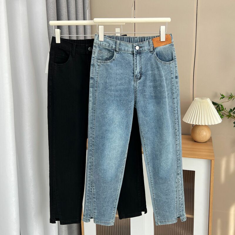 Calça jeans feminina casual até o tornozelo, calças de perna reta, cano de escorrer dividido, plus size, primavera, outono, 100kg, 1649