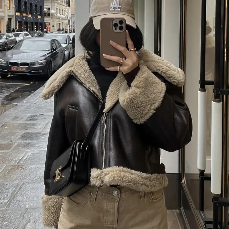 Винтажная модная коричневая куртка в стиле 90-х из искусственной кожи для девочек, дубленка, Женское зимнее утепленное теплое пальто с меховой подкладкой, верхняя одежда
