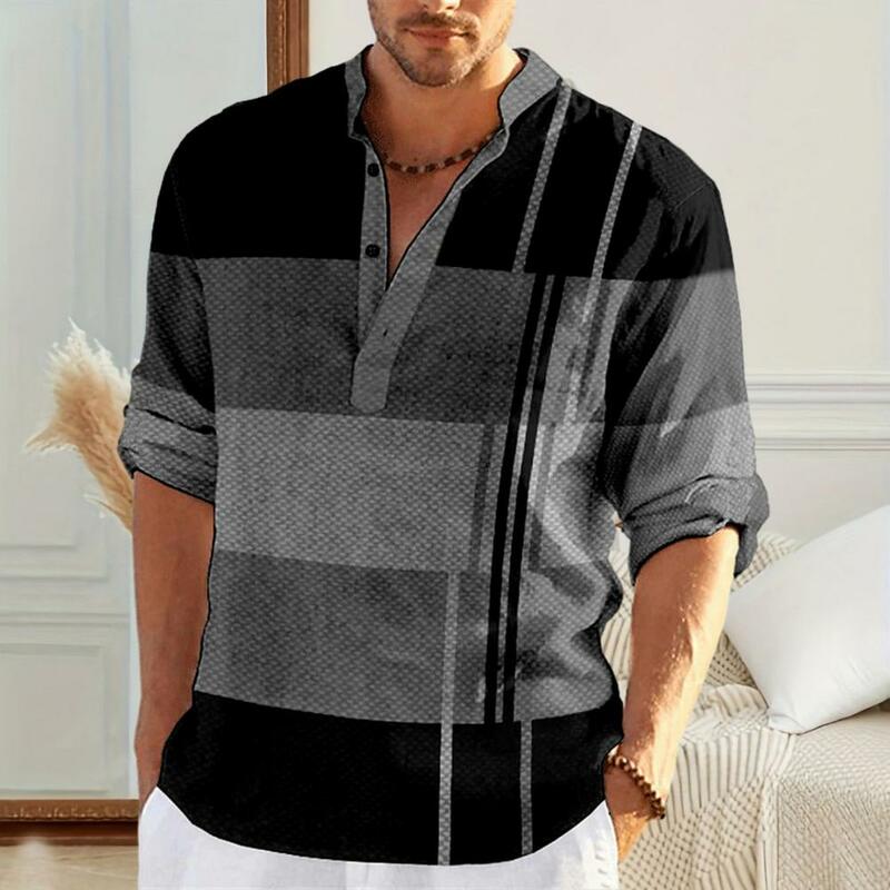 Camisa empresarial com decote em v elegante masculina, pulôver manga comprida, cor patchwork, design casual