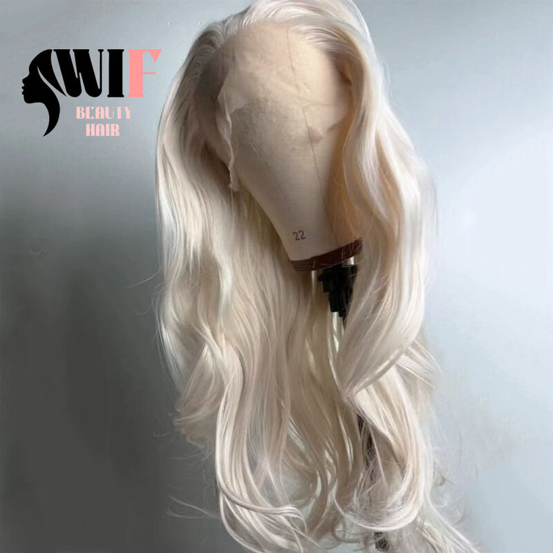 Wif platina loira peruca sintética ondulada natural, água longa ondulada, loiro branco, fibra de calor, rendas frente perucas, maquiagem uso, cabelo diário