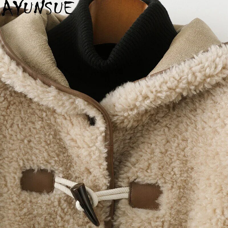 AYUNSUE elegante 100% Sheep Shearing Jacket donna con cappuccio inverno 2023 cappotti di lana cappotto di pelliccia Casual di media lunghezza Jaqueta Feminina