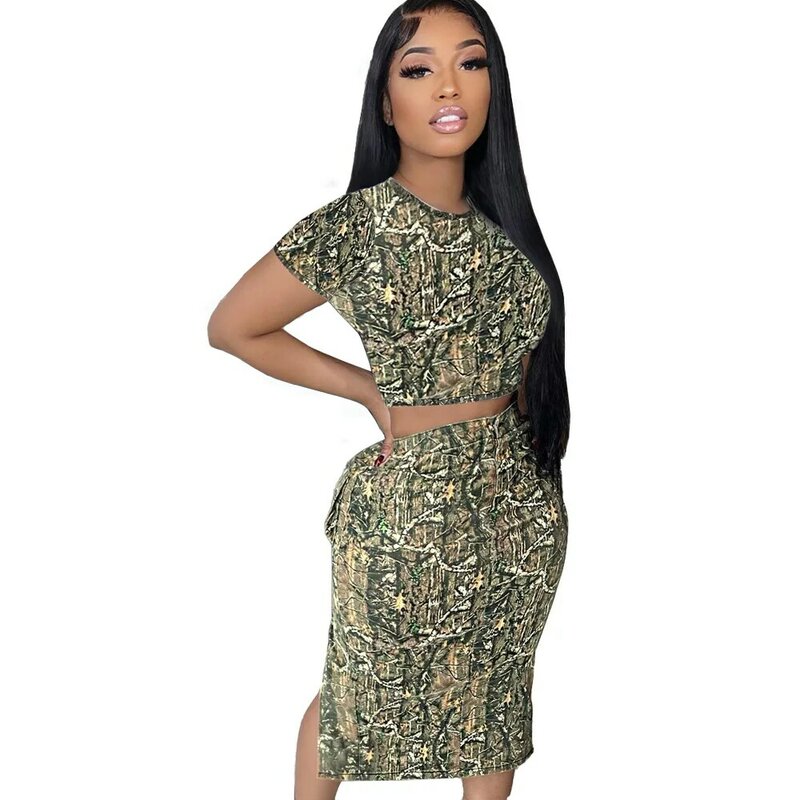 Women Street Trend Camouflage Printing Women Skirt Two-piece Set Sexy Slit Short Sleeve T Shirt Pocket Cargo Style Suit