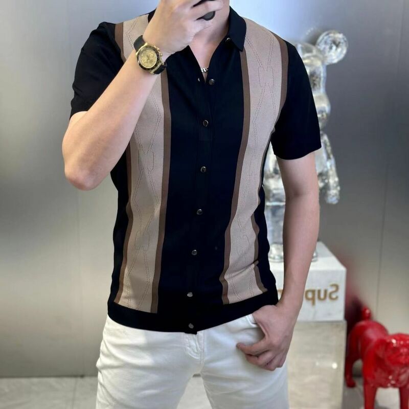 Moda uliczna męska dopasowana do kontrastujących kolorów koszula letnia odzież nowa w stylu Casual, cienka biznesowa z klapami wszechstronne topy z krótkim rękawem