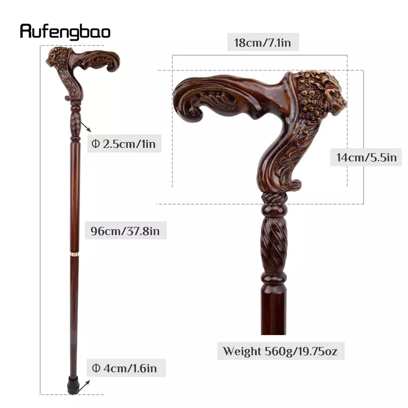 Lion Brown Wooden Fashion Walking Stick Decorative Vampire Cospaly Party Wood Walking Cane Halloween Mace Wand Crosier 93cm