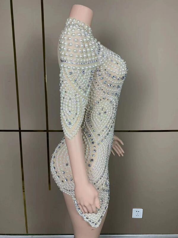 Garza Sexy personalizzata scava fuori pizzo perla trasparente alta paillettes elastiche vestito stretto vestito da festa di compleanno vestito da prestazione