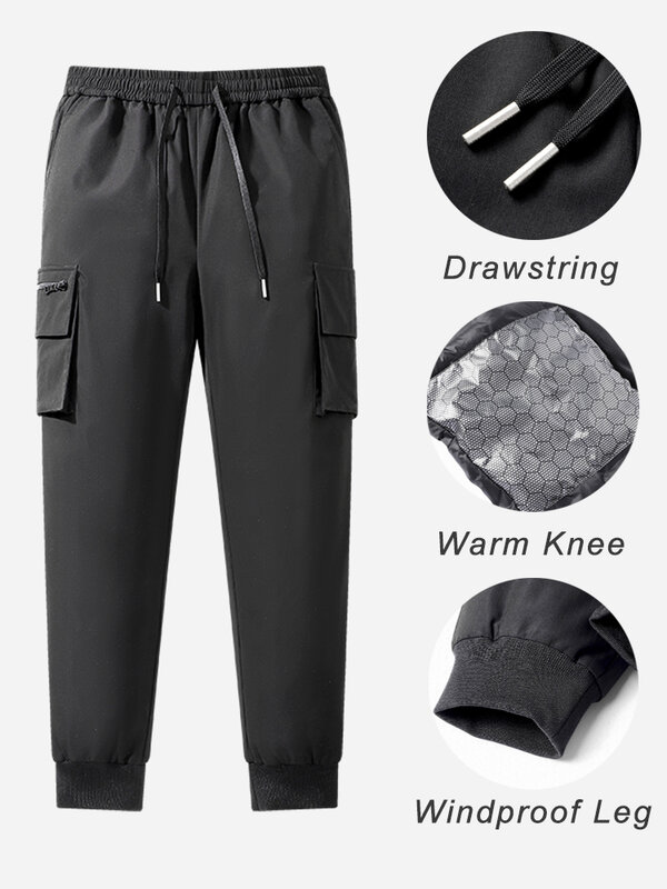 Celana kargo empuk, celana kargo putih bebek bawah tebal musim dingin 90%, pakaian olahraga jogging hitam pria, celana gulungan bawah panas