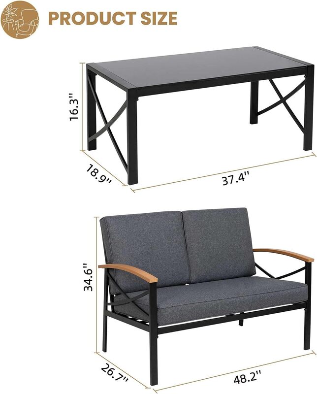 2 Piece Outdoor Patio Furniture Set, Metal Sofa Chair Conversation Set, Coffee Table for Backyard, Patio, Balcony(Dark Grey)