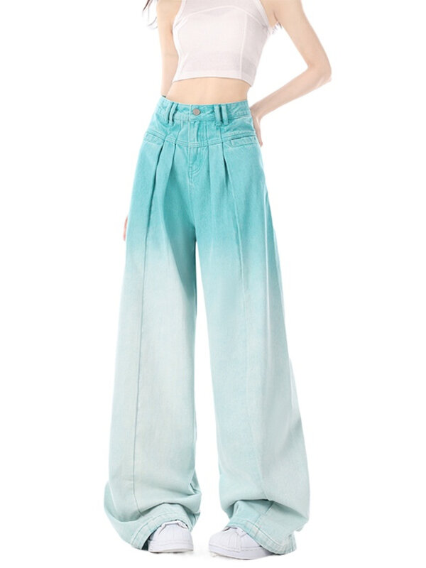 2024 Mint MAMBO High Waist Pants Women New Vintage Washed Wide Leg Floor Length Denim Pants Fashion High Street Fashion Jeans