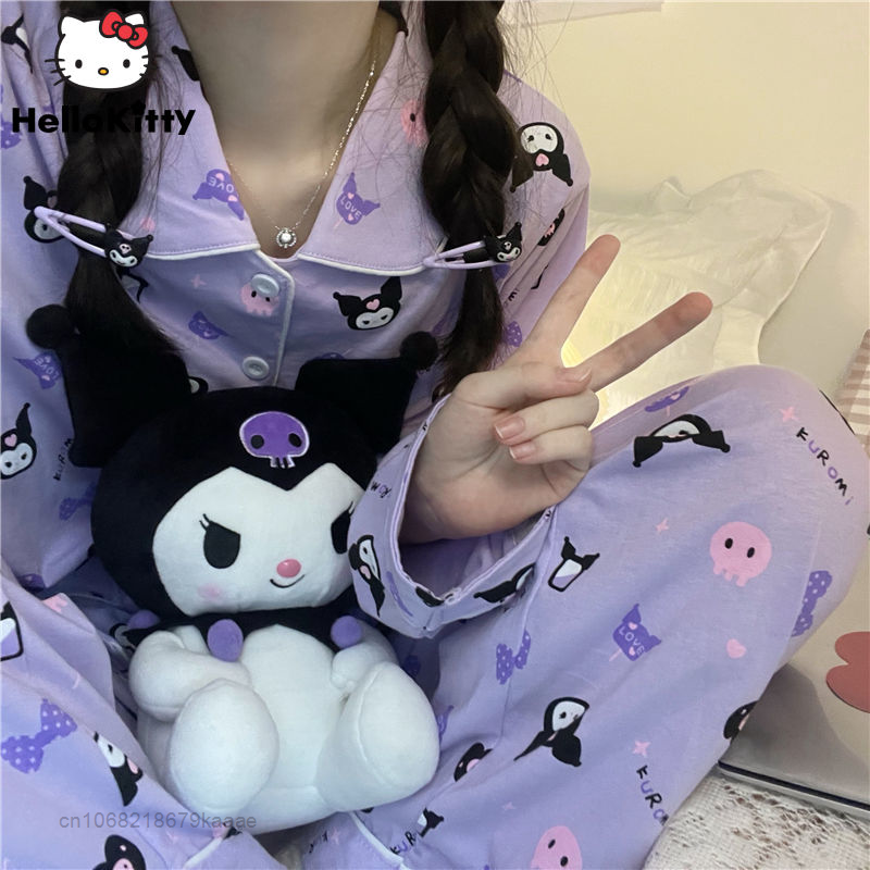 Sanrio kuromi pijamas estilo roxo y2k bonito 2 peça conjunto de roupas femininas em casa fina manga longa topos calças perna larga feminino pijamas