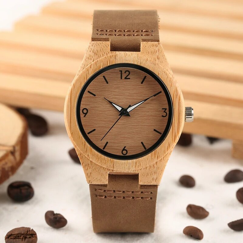 Reloj de pulsera de cuarzo de madera de bambú para mujer, correa de reloj de cuero genuino, estilo Natural, Marrón café, moda