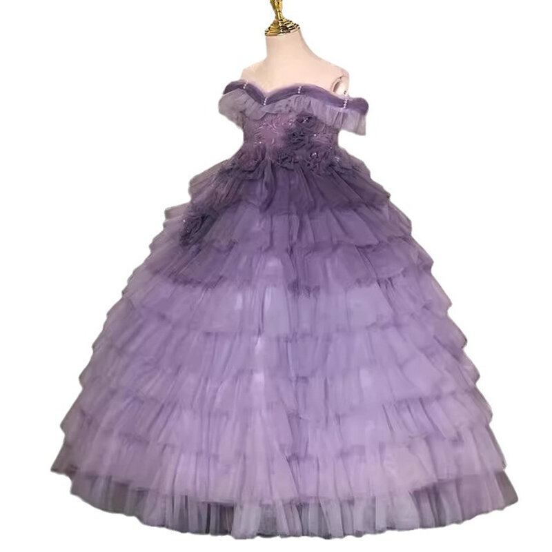 Fioletowy wspaniały kwiat sukienki dla dziewczynek długość podłogi miękka tiulowa sukienka balowa warstwowa sukienka z ciasta królewska bez pleców sukienka koktajlowa z falbanami