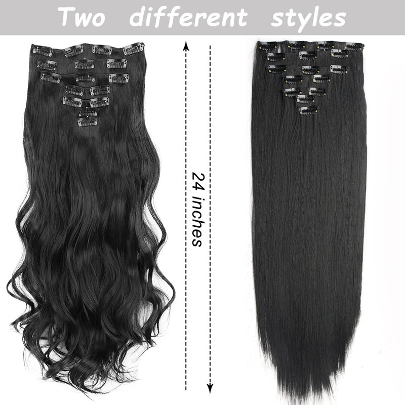 Extension de cheveux longs et raides pour femmes, postiche naturelle ombrée, fibre de degré de chaleur, coiffure noire, 16 clips, 7 pièces par ensemble