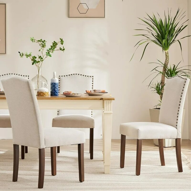 Ensemble de 4 chaises de salle à manger en tissu, chaise Parsons avec pieds en bois et garniture en tête d'ongle, chaise d'appoint de cuisine