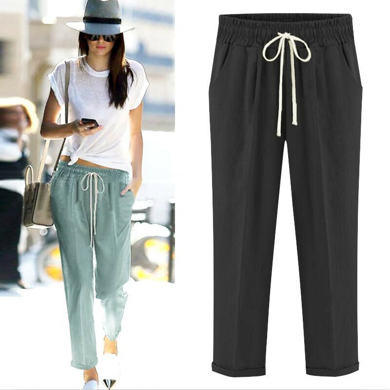 Autumn 2024 Solid Elastic waist Linen cotton Pants Plus size  Women Loose Casual Full length trousers candy color pants 5XL 6XL