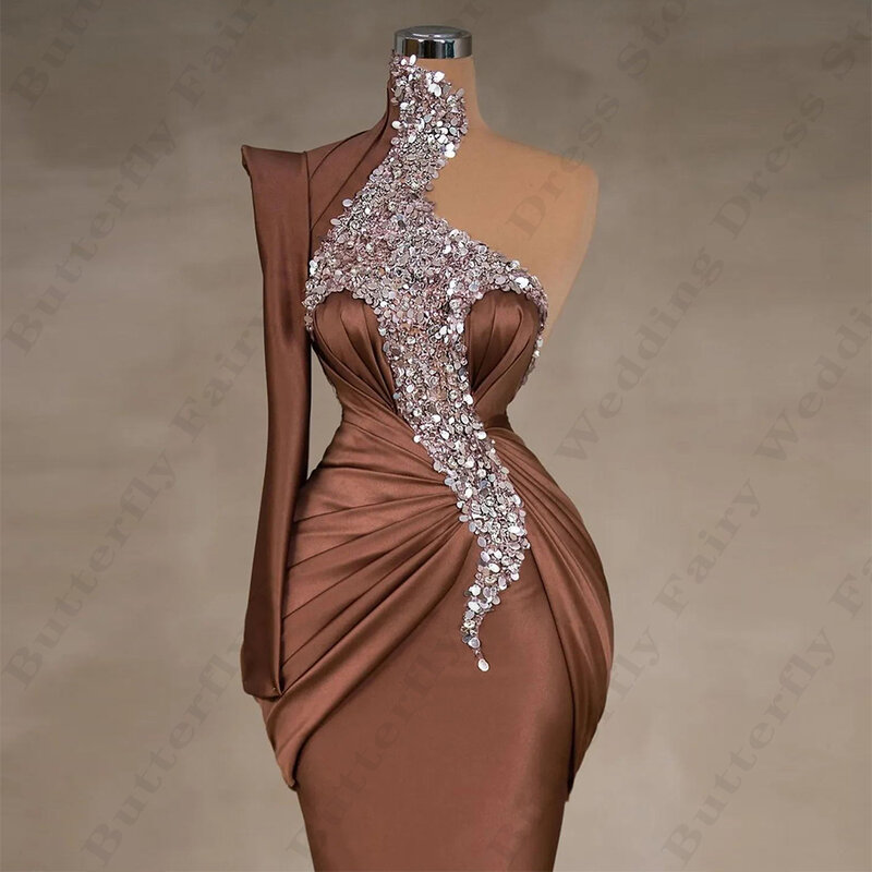 Sexy Backless Romantic Evening Dresses For Women Luxurious Exquisite Beading Fashion Long One Shoulder Sleeve Party Prom Gowns