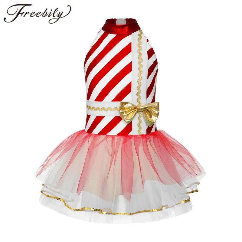 Kids Girls Candy Cane Striped Ballet Tutu Christmas Dance Costume Xmas Santa Cosplay Dress body Party Performance Dancewear