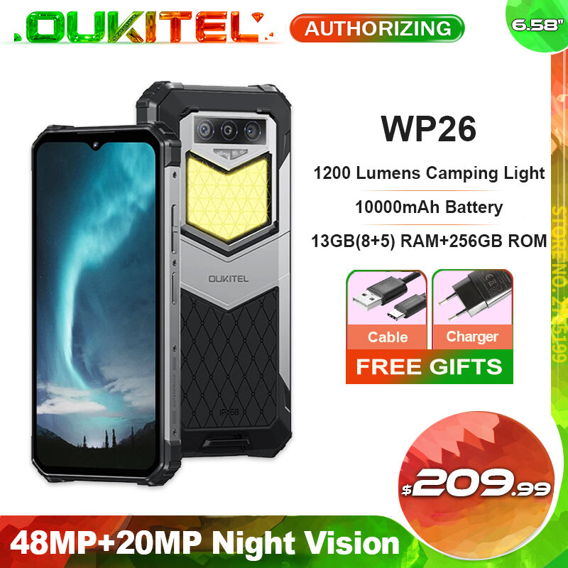 Oukitel WP26 telefono cellulare robusto 10000mAh, 6.58 pollici, 8GB, 256GB, Smartphone, fotocamera notturna da 48mp + 20mp, telefono cellulare, MTK P90