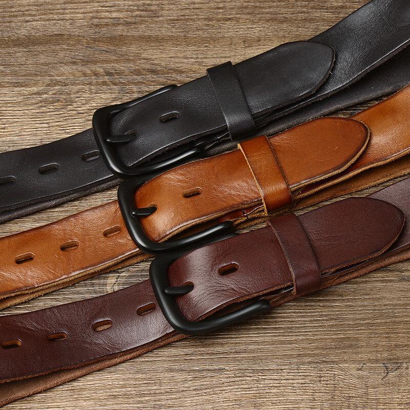 3.8CM Men's Belt Natural Pure Cowhide Belt Vintage Alloy Pin Buckle Jeans Belts Black Strap Casual Genuine Leather Belt For Men