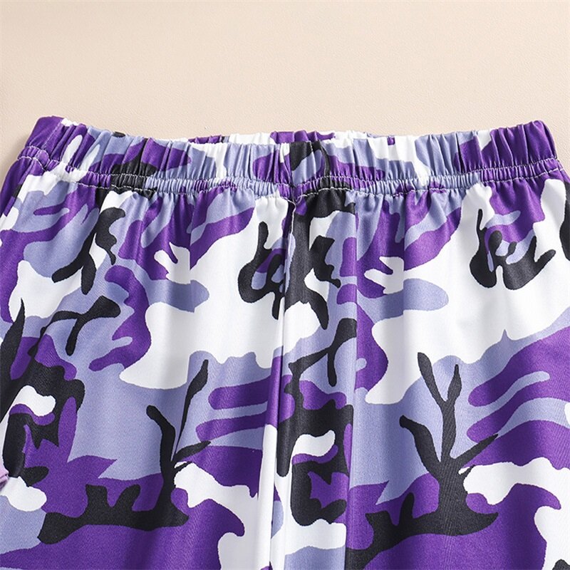 Tops e calças de manga curta com estampa em carta para menina, roupa de verão infantil com estampa camuflada, 2 peças, 8-12t
