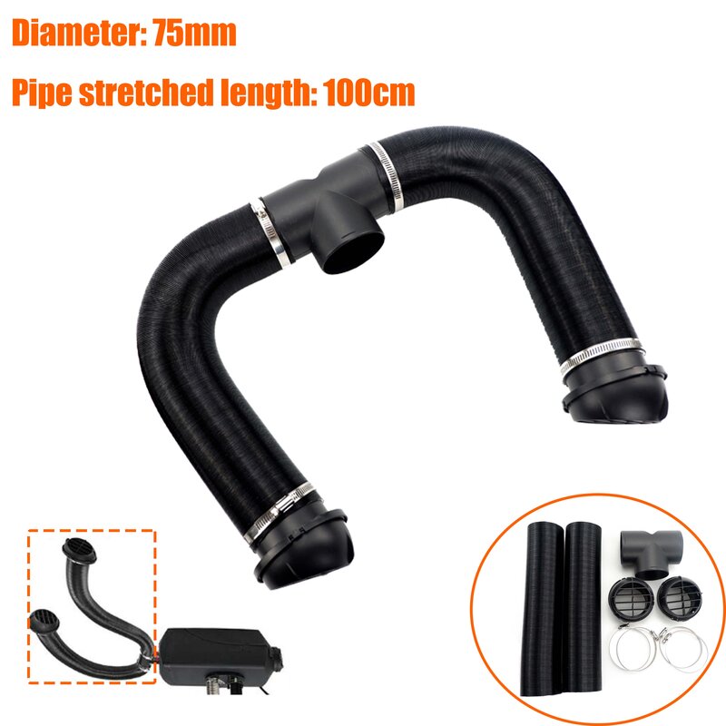 75mm Diesel Heater T 3 Outlets Connector & 2x Air Outlet & 2x Duct Pipe Warm Black & 4x Clamps Set For Car Truck VAN Camper