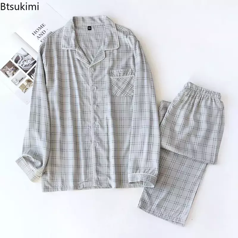 Conjuntos de pijama estilo xadrez casual masculino, calça e top de manga comprida, pijamas suaves e respiráveis, roupas homewear, 2 peças, 2024