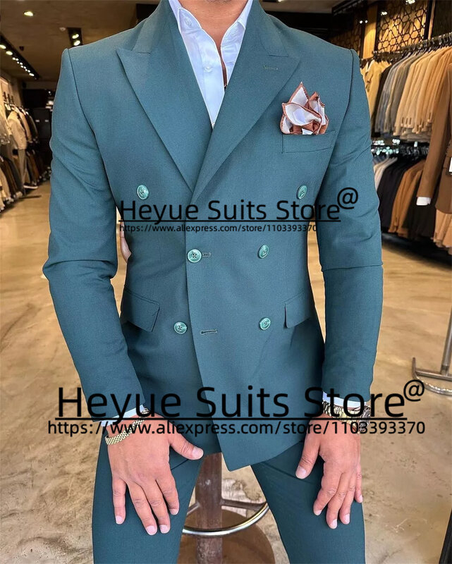 Elegante Double-Breasted Groene Mannen Pakken Slim Fit Peak Revers Bruidegom Prom Smoking 2 Stuks Sets Hoge Qublity Mannelijke Blazer Kostuum Homme