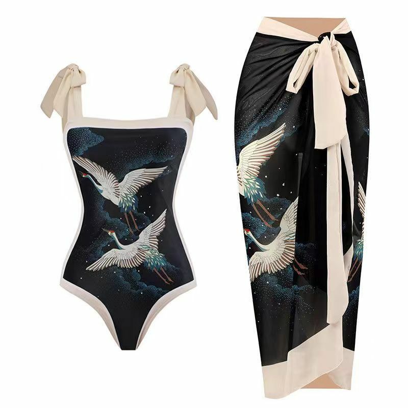 New Vintage European and American Foreign Trade Swimwear Conservative One Piece Hot Spring Swimwear Set Women's Chiffon Cover Up