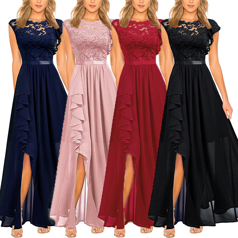 Женское вечернее платье макси без рукавов, розовое, черное винтажное кружевное платье с круглым вырезом и разрезом для свадьбы и выпускного вечера