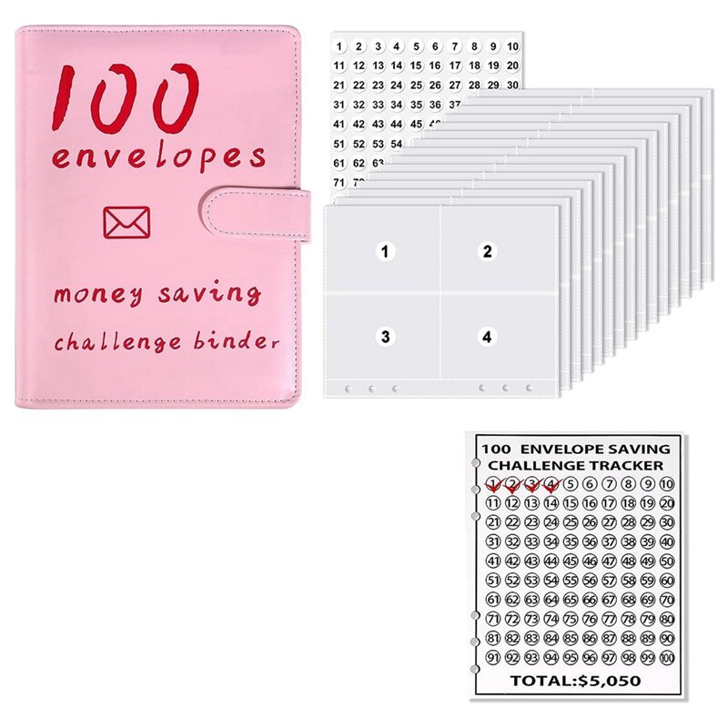 100 amplop hemat uang buku tantangan, Penyimpanan penganggaran Binder buku anggaran kotak tantangan penyimpanan uang tunai Kit