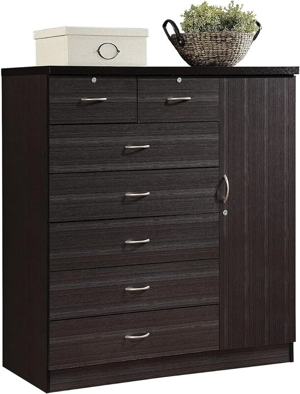Hodedah 7 Drawer Jumbo Chest, Five Large Drawers, Two Smaller Drawers with Two Lock, Hanging Rod, and Three Shelves | Chocolate