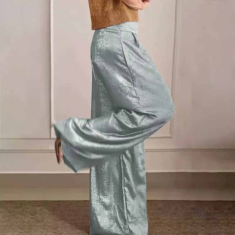 Wiosenne metaliczny kolor w stylu Vintage Casual spodnie damskie z wysokim stanem luźne proste spodnie letnia, z kieszenią szerokie spodnie nogi Harajuku