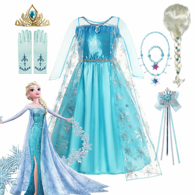 女の子のための冷凍コスプレコスチューム、雪の女王エルザプリンセスドレス、ハロウィーンのカーニバルパーティードレスアップ、子供の誕生日の服、2024