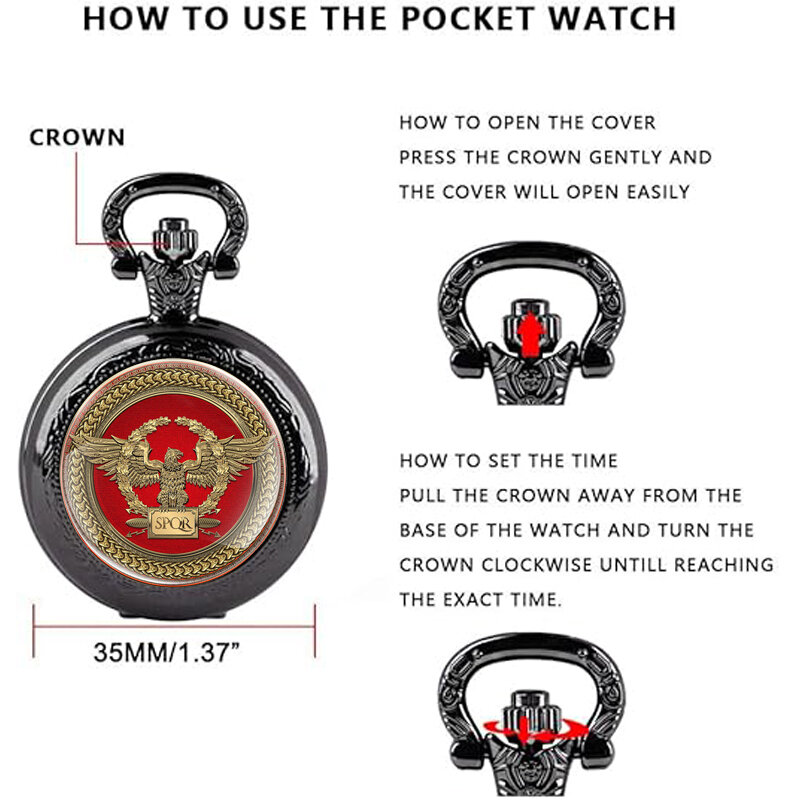 Relógio de bolso de quartzo para homens e mulheres, Cool Roman Legion Design, colar preto clássico, joias, SPQR