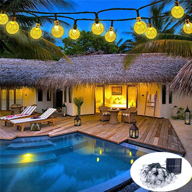 Crystal Ball LED String Lights, lâmpada solar, impermeável, guirlanda de fadas para jardim ao ar livre, decoração de Natal e casamento, 2PCs, 5m, 10m