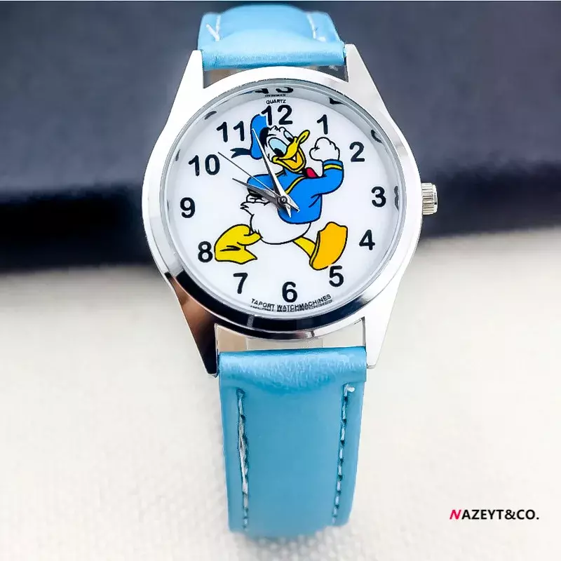 Disney-relojes con esfera de pato Donald para niños, reloj infantil con banda de cuero, 7 colores opcionales, esfera de cristal, un regalo