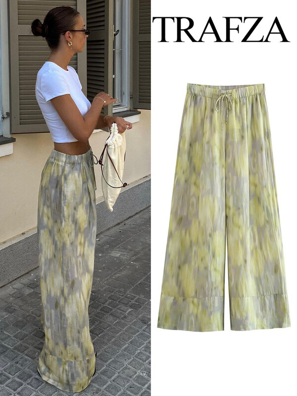 TRAFZA-Pantalones con estampado Vintage para mujer, pantalón de pierna ancha con cintura alta y lazo elástico, de verano