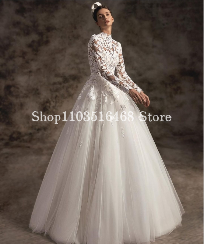 Elegant Muslim Wedding Dress White High Neck Applique Long Sleeve Lace A-Line Long Formal Vestidos De Novias 2024