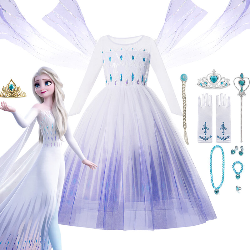Disney Frozen 2 Princess Dress feminino, Malha, Elsa, Rainha da Neve, Cosplay Outfit, Birthday Party, Roupa infantil, 2-12 anos, 2024