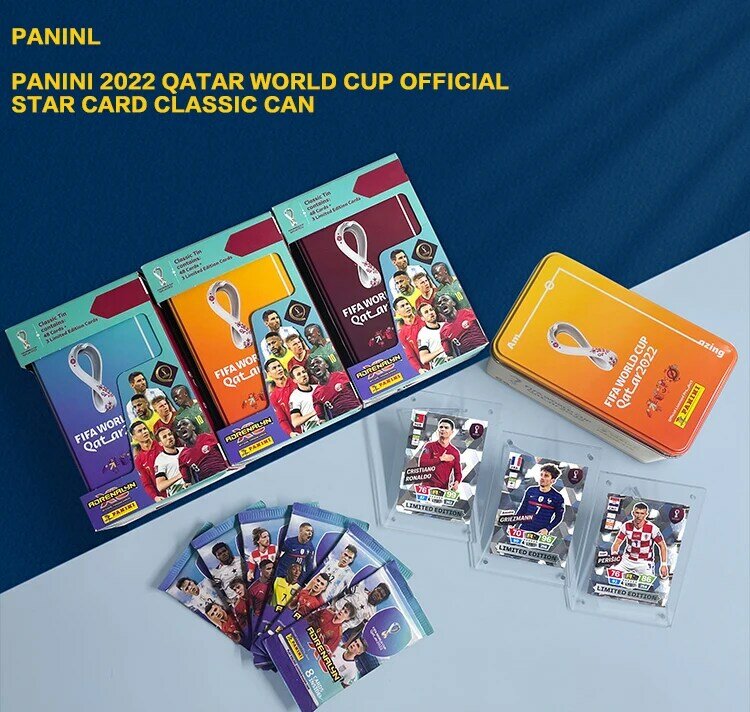Caja de cartas de estrella de fútbol Panini, colección de estrellas de fútbol de la Copa Mundial de Catar, Messi Ronaldo, juego de tarjetas de fanático limitado, 2022