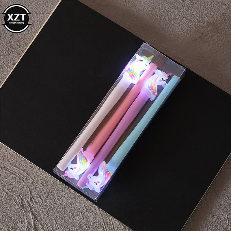 4 pçs caneta de gel unicórnio caneta com luz led kawai bonito menina gel tinta caneta luminosa papelaria escolar das crianças