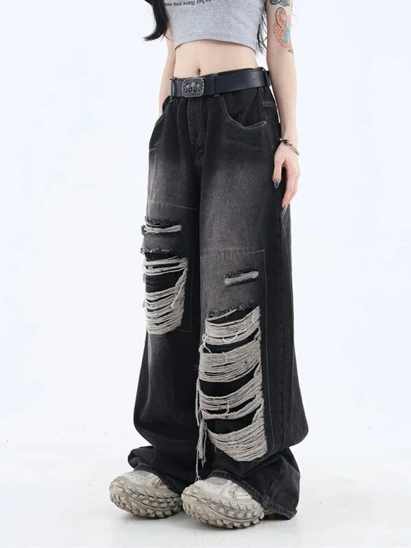 Calças jeans góticas pretas de cintura alta rasgadas de perna larga feminina, moda vintage coreana, casual e elegante, streetwear Y2K, Harajuku
