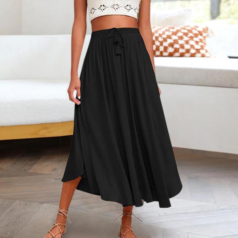 Women High Waist Midi Skirt Flowy Elastic High Waist Midi Skirt for Women Adjustable Drawstring Streetwear Soft Polyester Fiber