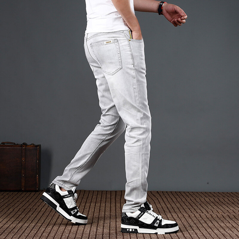 Jeans jeans com estampa Stretch, calça elástica, roupa fina, cinza, elástico, fino, tendência de rua, moda, verão