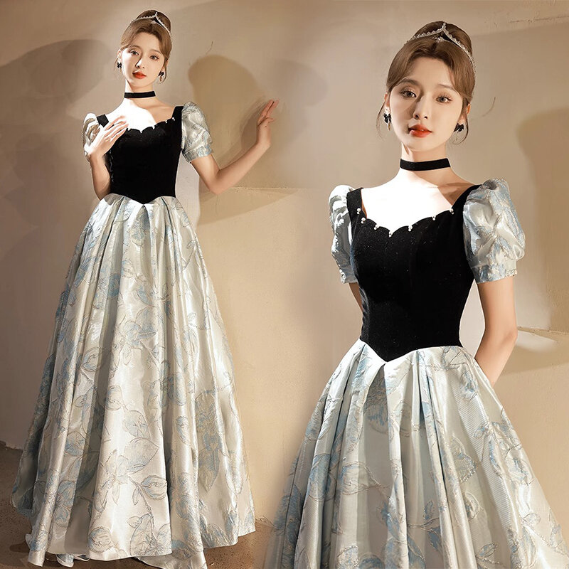Женское элегантное платье-трапеция с рукавами-фонариками и U-образным вырезом