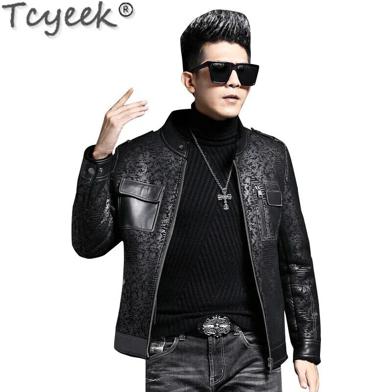 Tcyeek-Jaquetas de couro para homens, jaqueta casual de lã, casaco de pele real quente, roupas curtas de inverno